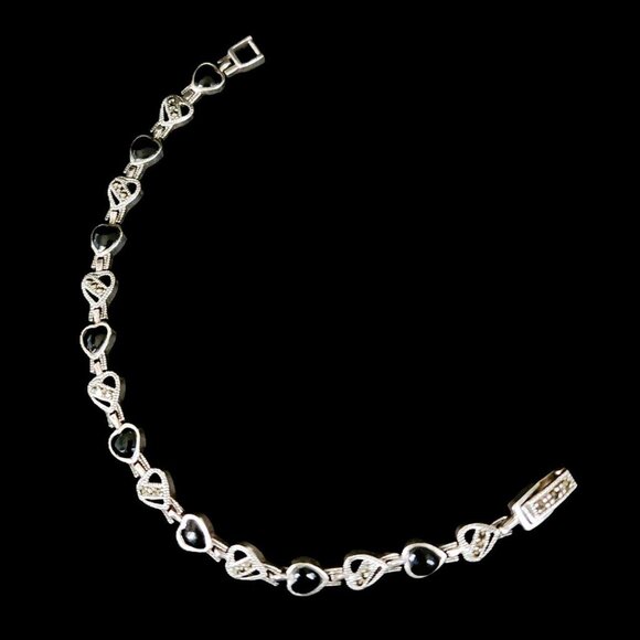Vintage 80s Sterling Silver & Onyx Designer Heart Bracelet